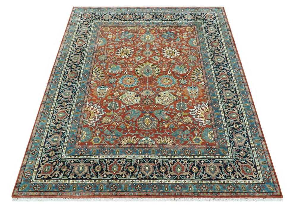 Antique  Style Fine Rust, Blue and Aqua 8x10 Hand Knotted Traditional Serapi wool rug