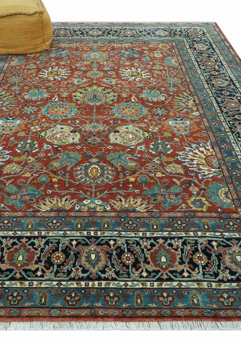 Antique  Style Fine Rust, Blue and Aqua 8x10 Hand Knotted Traditional Serapi wool rug