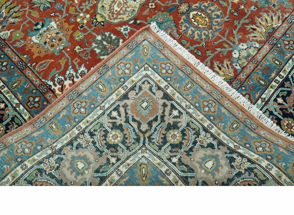 Antique  Style Fine Rust, Blue and Aqua 8x10 Hand Knotted Traditional Serapi wool rug