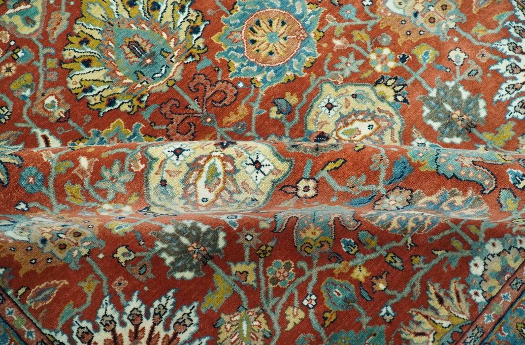 Antique  Style Fine Rust, Blue and Aqua 8x10 Hand Knotted Traditional Serapi wool rug