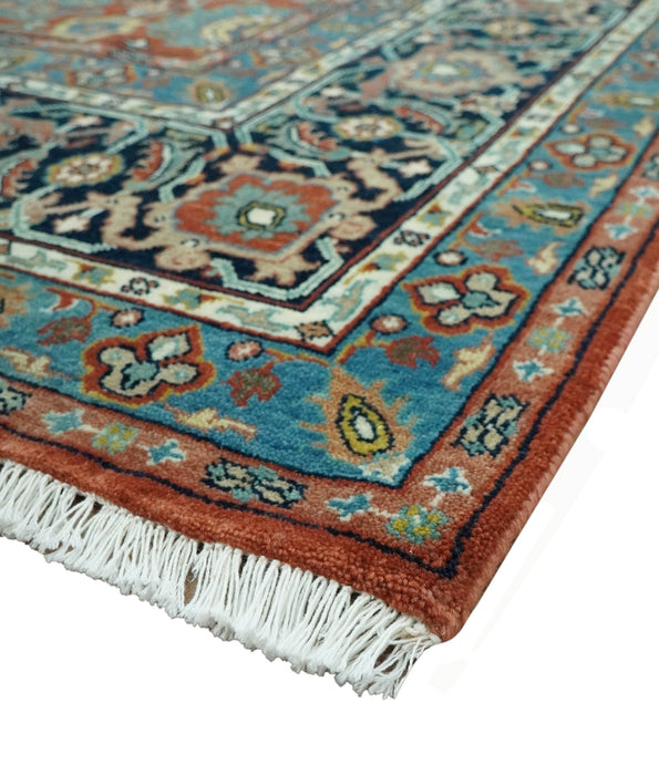 Antique  Style Fine Rust, Blue and Aqua 8x10 Hand Knotted Traditional Serapi wool rug