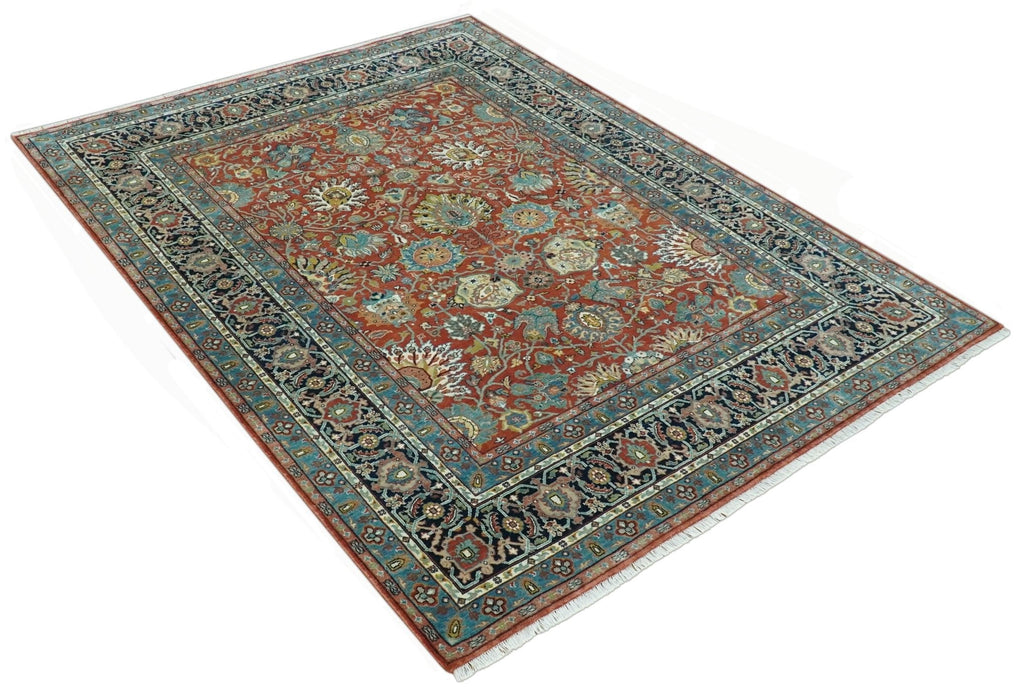 Antique  Style Fine Rust, Blue and Aqua 8x10 Hand Knotted Traditional Serapi wool rug