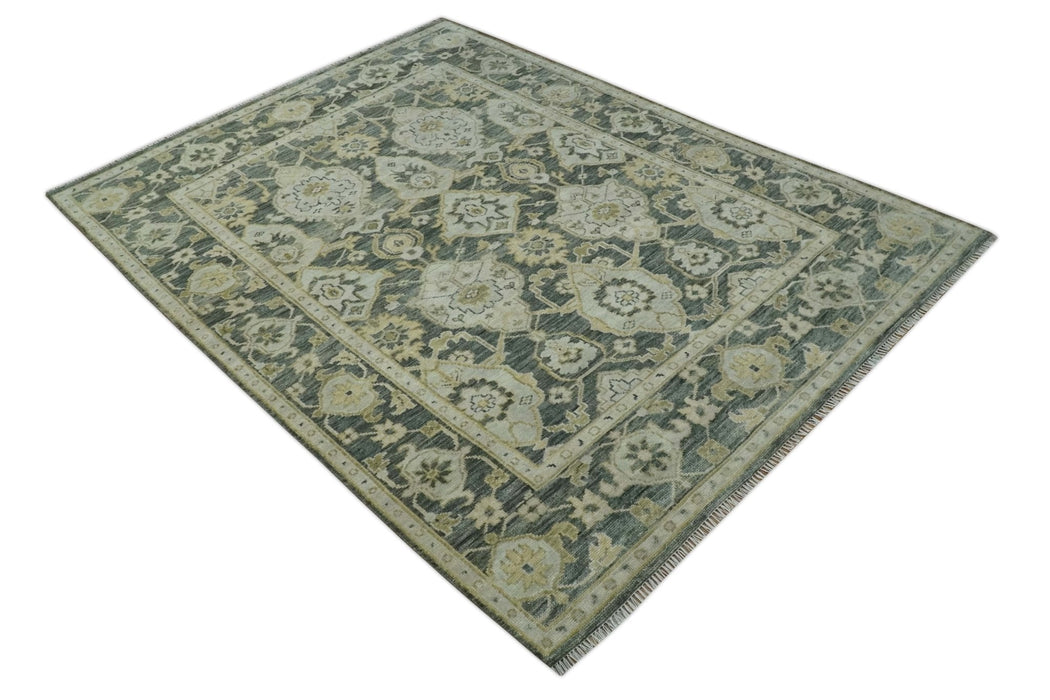 Antique style Gray, Ivory and Olive Hand knotted Traditional Oushak 9x12 wool Area Rug