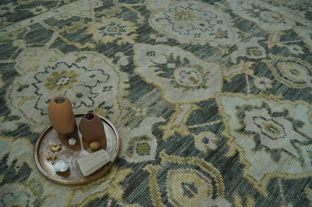 Antique style Gray, Ivory and Olive Hand knotted Traditional Oushak 9x12 wool Area Rug