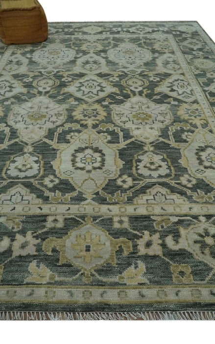 Antique style Gray, Ivory and Olive Hand knotted Traditional Oushak 9x12 wool Area Rug