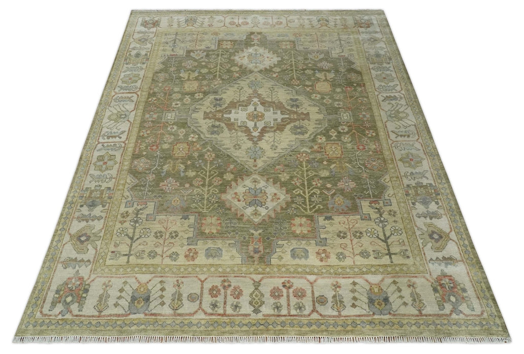 Antique Style Green, Ivory and Beige Hand knotted 9x12 wool Area Rug