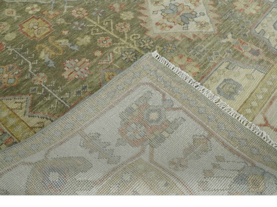 Antique Style Green, Ivory and Beige Hand knotted 9x12 wool Area Rug