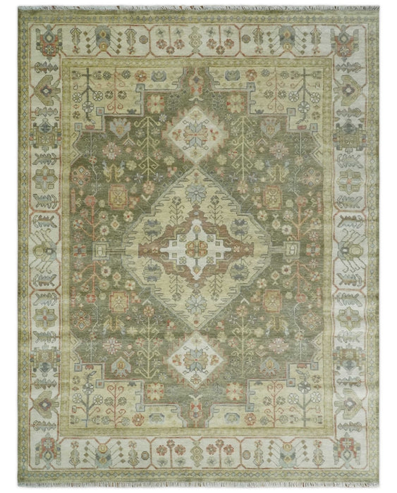 Antique Style Green, Ivory and Beige Hand knotted 9x12 wool Area Rug