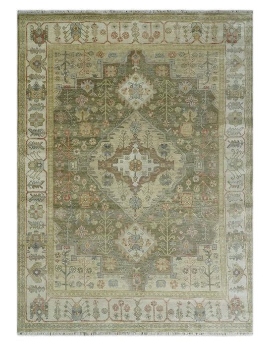 Antique Style Green, Ivory and Beige Hand knotted 9x12 wool Area Rug