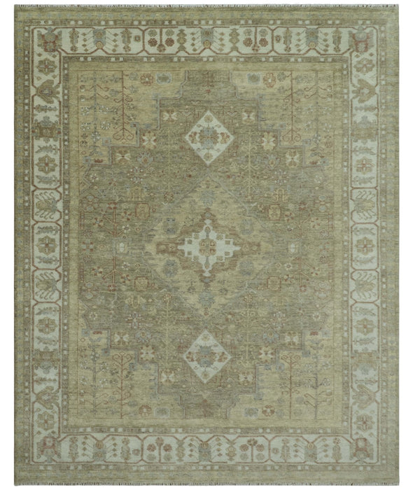 Antique Style Green, Ivory and Beige Hand knotted Heriz Serapi Multi Size wool Area Rug