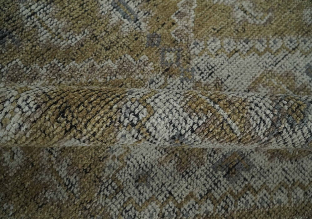 Antique Style Hand Knotted 8x10 Olive, Silver and Charcoal Traditional Low Pile Wool Area Rug