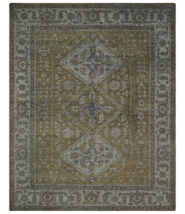 Antique Style Hand Knotted 8x10 Olive, Silver and Charcoal Traditional Low Pile Wool Area Rug