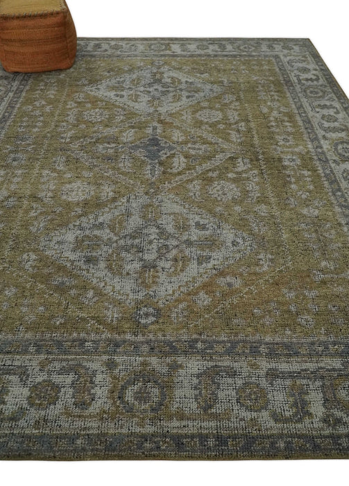Antique Style Hand Knotted 8x10 Olive, Silver and Charcoal Traditional Low Pile Wool Area Rug