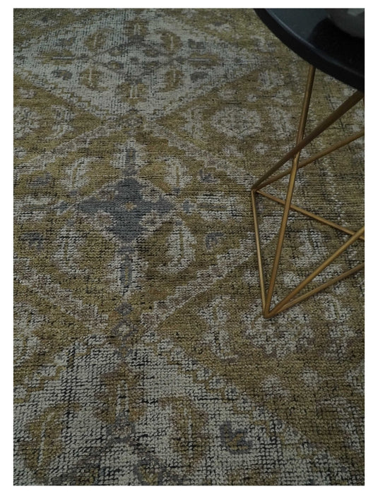 Antique Style Hand Knotted 8x10 Olive, Silver and Charcoal Traditional Low Pile Wool Area Rug