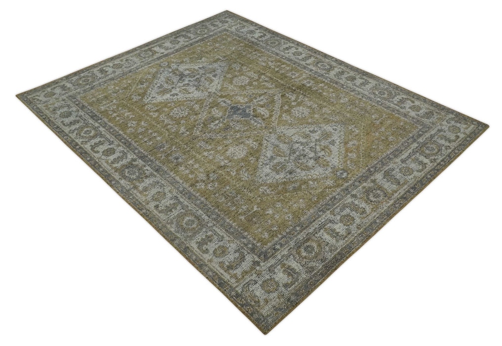 Antique Style Hand Knotted 8x10 Olive, Silver and Charcoal Traditional Low Pile Wool Area Rug