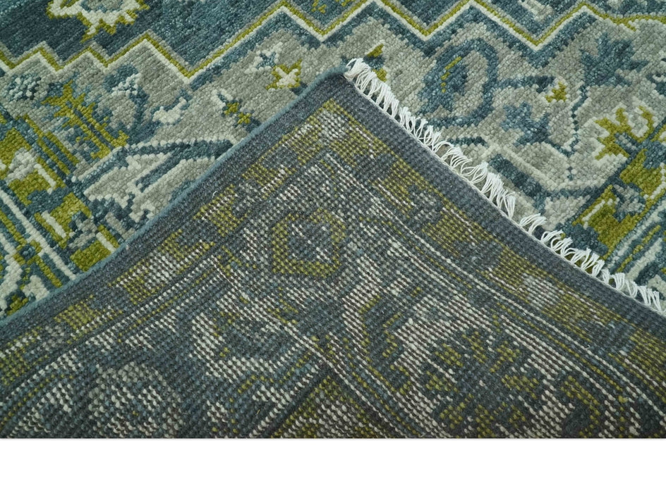 Antique Style Hand Knotted Teal, Gray and Green Traditional multi Size wool rug