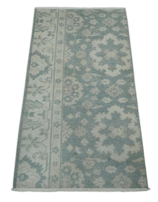 Antique Style Ivory and Gray Hand Knotted Traditional Oushak 2x4 wool Bedside Rug