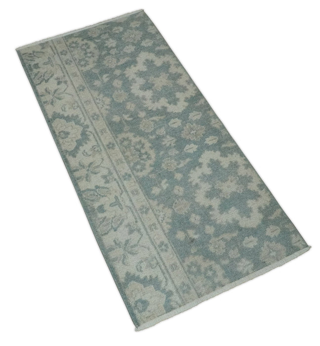 Antique Style Ivory and Gray Hand Knotted Traditional Oushak 2x4 wool Bedside Rug