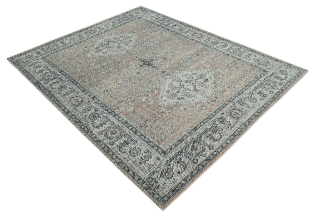 Antique Style Peach, Ivory and Charcoal 8x10 Hand knotted Traditional wool Area Rug