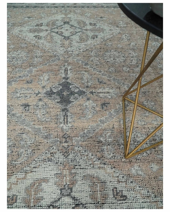 Antique Style Peach, Ivory and Charcoal 8x10 Hand knotted Traditional wool Area Rug