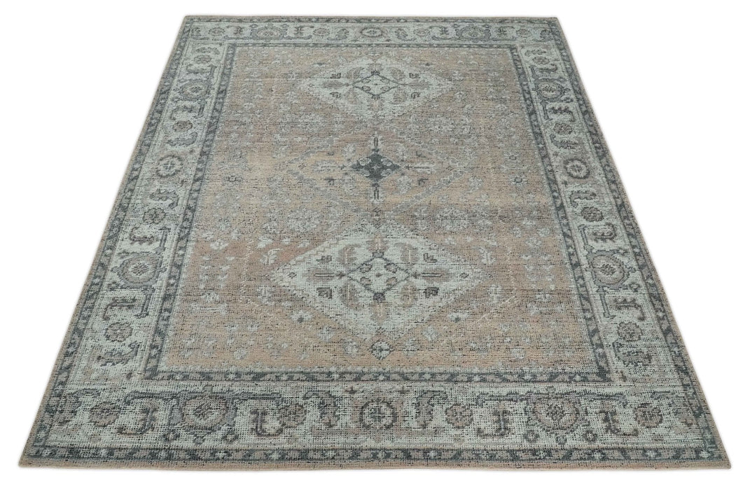 Antique Style Peach, Ivory and Charcoal 8x10 Hand knotted Traditional wool Area Rug
