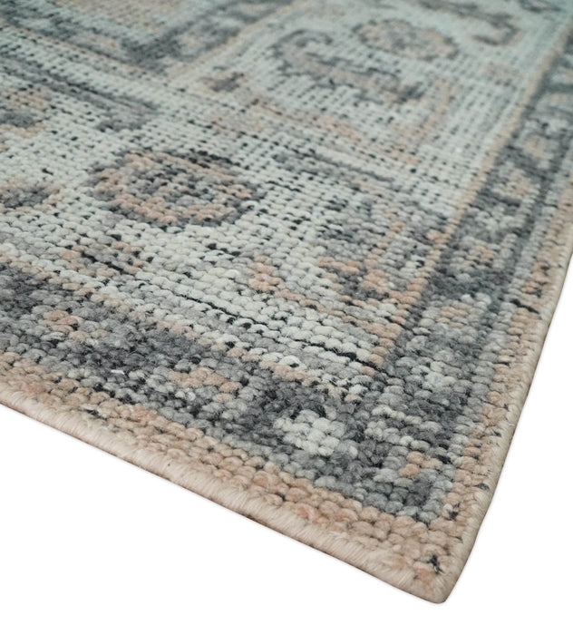Antique Style Peach, Ivory and Charcoal 8x10 Hand knotted Traditional wool Area Rug