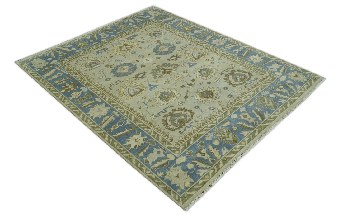 Antique Style Silver, Blue and Green 8x10 Hand Knotted Traditional Oushak wool area rug