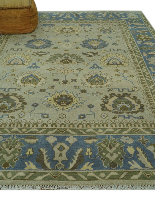 Antique Style Silver, Blue and Green 8x10 Hand Knotted Traditional Oushak wool area rug