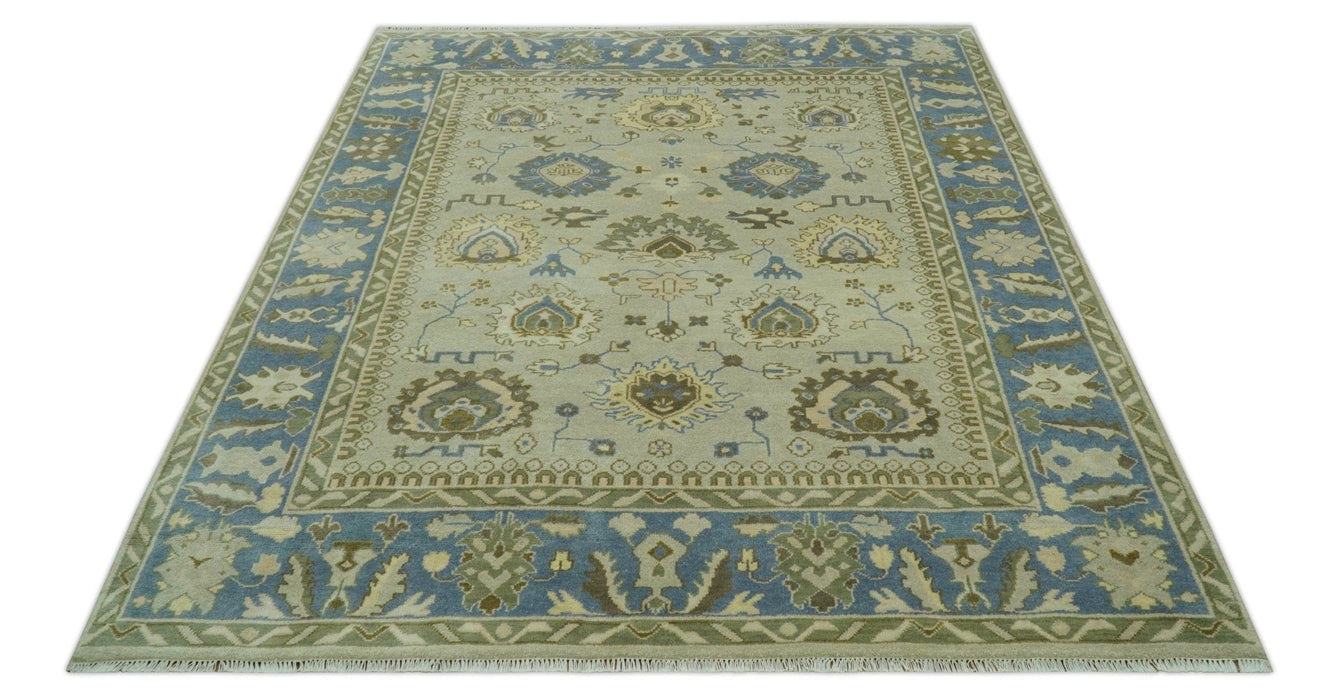 Antique Style Silver, Blue and Green 8x10 Hand Knotted Traditional Oushak wool area rug