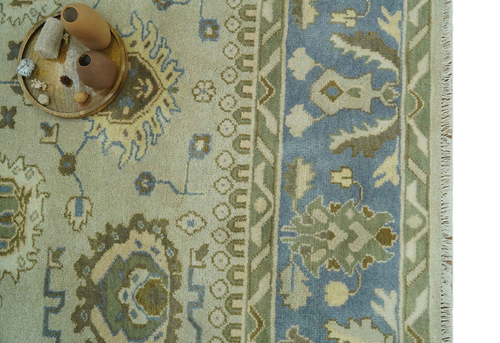 Antique Style Silver, Blue and Green 8x10 Hand Knotted Traditional Oushak wool area rug