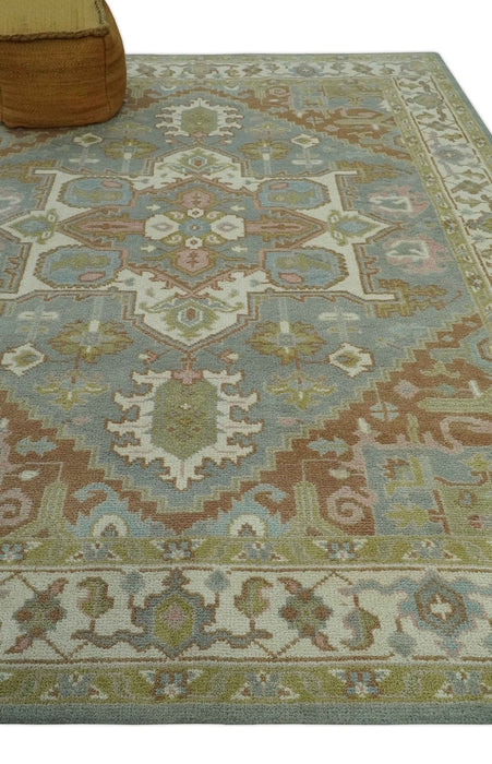 Antique Style Traditional Heriz Gray, Ivory, Peach and Olive Hand Knotted Multi Size wool Area Rug