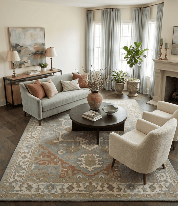 Antique Style Traditional Heriz Gray, Ivory, Peach and Olive Hand Knotted Multi Size wool Area Rug