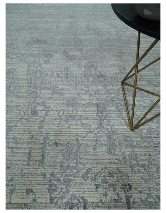 Antique Style transitional 8x11 Beige and Charcoal hand knotted Wool and art silk Area Rug