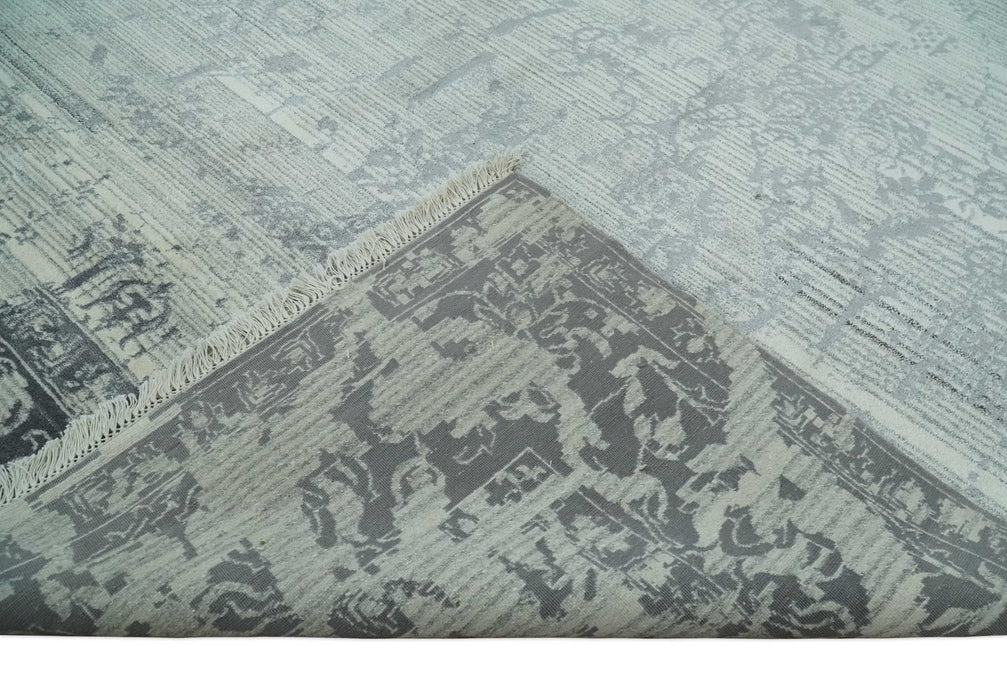 Antique Style transitional 8x11 Beige and Charcoal hand knotted Wool and art silk Area Rug