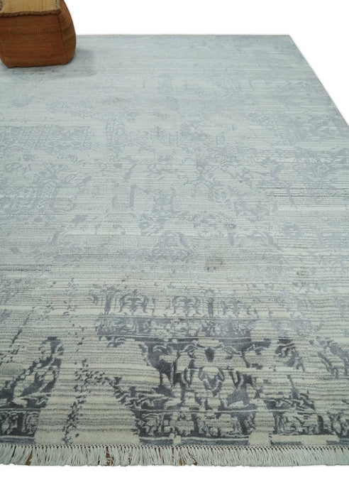 Antique Style transitional 8x11 Beige and Charcoal hand knotted Wool and art silk Area Rug