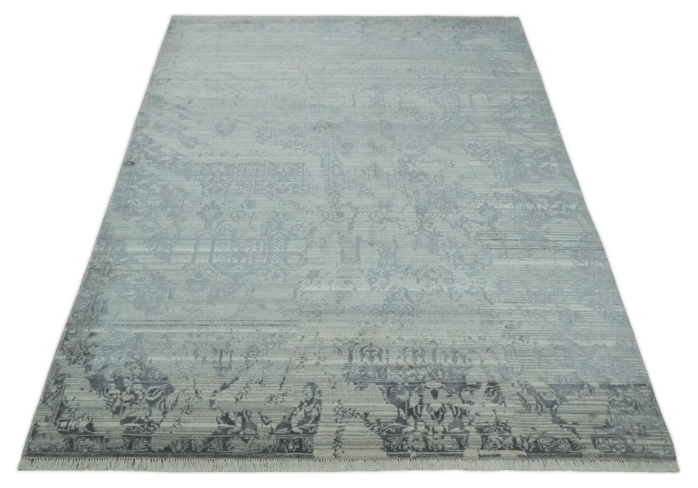Antique Style transitional 8x11 Beige and Charcoal hand knotted Wool and art silk Area Rug
