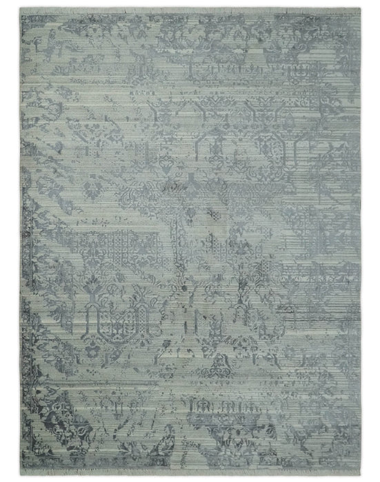 Antique Style transitional 8x11 Beige and Charcoal hand knotted Wool and art silk Area Rug