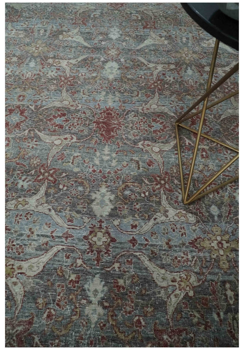 Antique Style Vintage Finish Low Pile Hand Knotted Gray, Silver and Rust Traditional Oushak Wool Rug | TRD2779