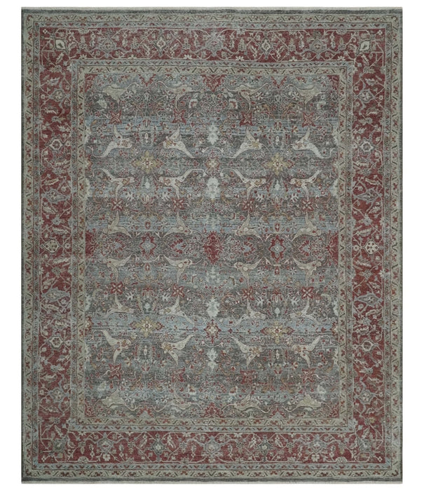 Antique Style Vintage Finish Low Pile Hand Knotted Gray, Silver and Rust Traditional Oushak Wool Rug | TRD2779