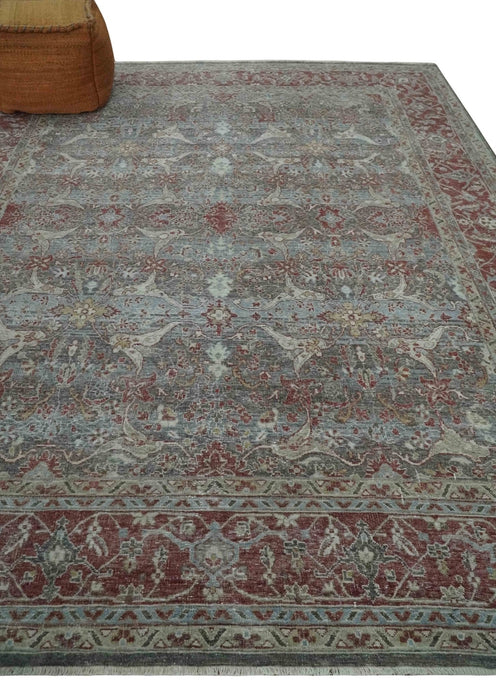 Antique Style Vintage Finish Low Pile Hand Knotted Gray, Silver and Rust Traditional Oushak Wool Rug | TRD2779