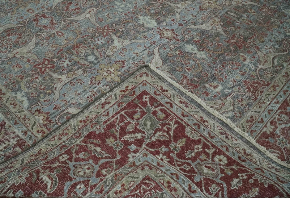 Antique Style Vintage Finish Low Pile Hand Knotted Gray, Silver and Rust Traditional Oushak Wool Rug | TRD2779