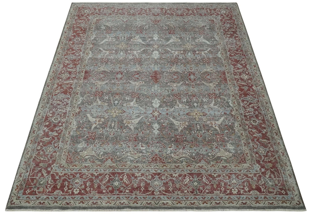 Antique Style Vintage Finish Low Pile Hand Knotted Gray, Silver and Rust Traditional Oushak Wool Rug | TRD2779
