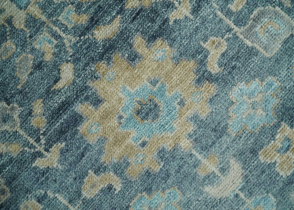 Custom Made Teal and Beige Hand Knotted Oriental Oushak Wool Area Rug