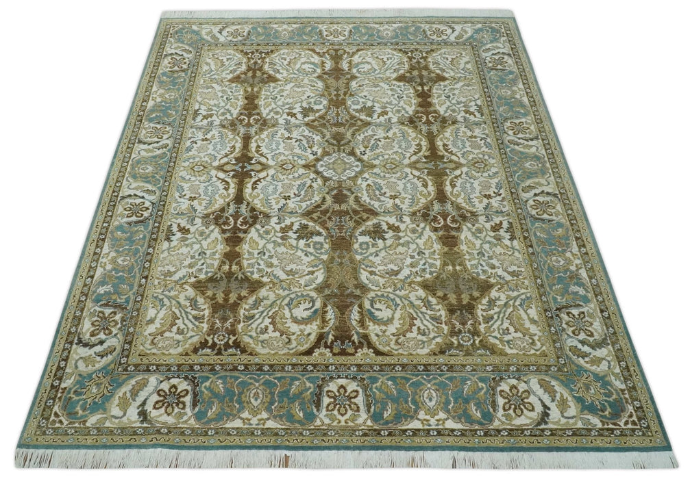 Antique Turkish 8x10 Hand Knotted Brown, Ivory and Blue Persian Rug | AC20810