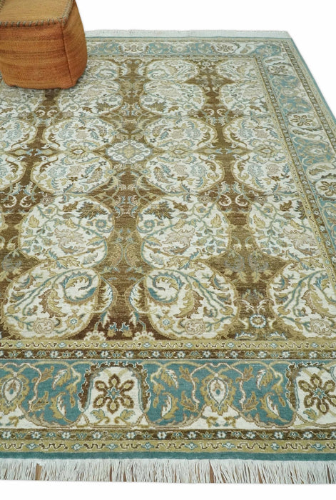 Antique Turkish 8x10 Hand Knotted Brown, Ivory and Blue Persian Rug | AC20810