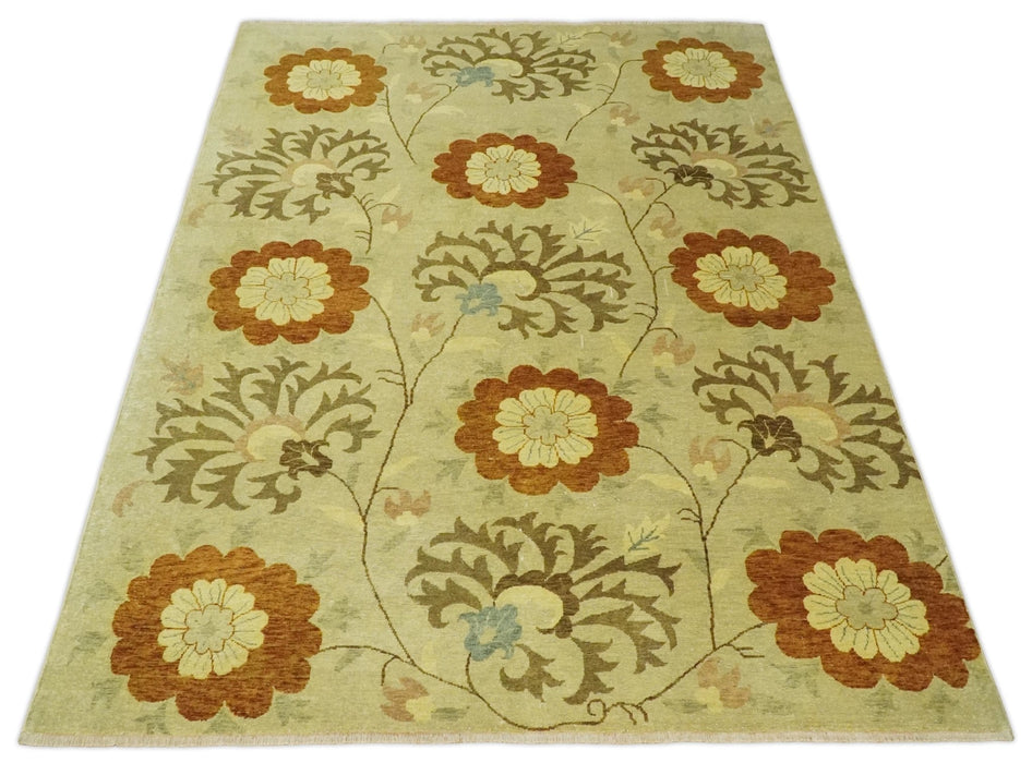 Antique Turkish Floral 8x10, 6x9, 4x6 and 2.6x10 Hand Knotted Beige, Olive and Rust Floral Persian Rug | AC5