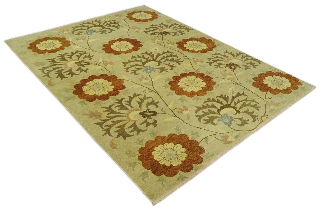 Antique Modern Floral Olive and Rust Hand Knotted Wool Rug