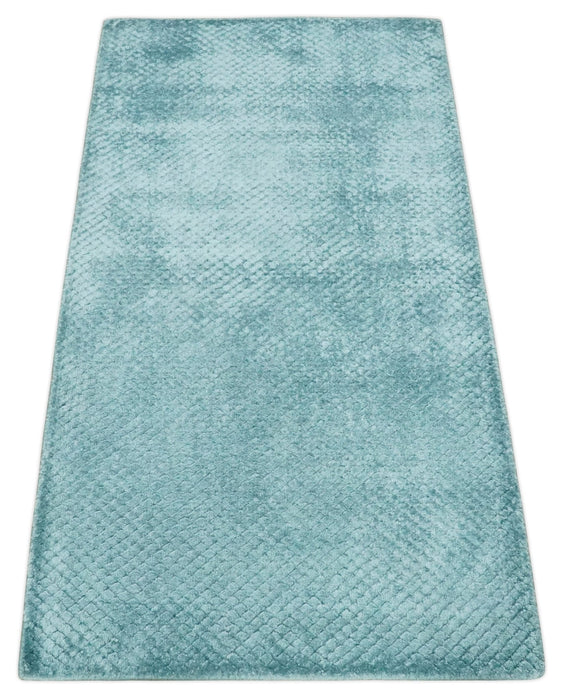 Aqua 2x4 Modern Geometrical Cross Square Hand Made Blue Art silk Area Rug | N4624