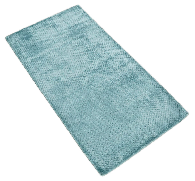 Aqua 2x4 Modern Geometrical Cross Square Hand Made Blue Art silk Area Rug | N4624