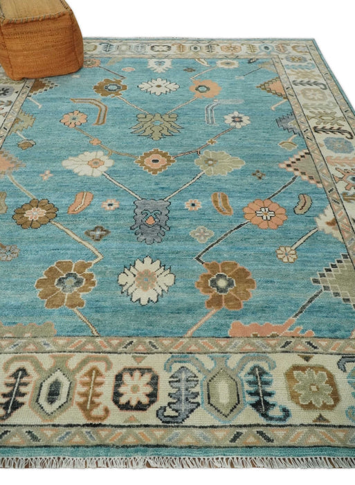 Aqua Blue and Ivory 8x10 Hand Knotted Wool Traditional Oushak Area Rug